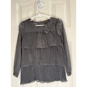 Wonderkids Girls 3T Gray Pleated Tiered Long Sleeve Bow Detail Dressy Shirt